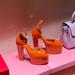 Tan-Go platform pumps shoes Orange patent leather high-heeled ankle strap chunky heels block Heel 155mm open toe dress shoe Women Luxury Designers factory footwear