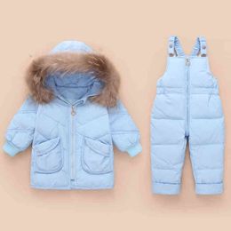 2020 Real Fur Collar Kids Winter Down Jacket Baby Girls Warm Overall Kids Winter Down Clothing Sets Toddler Boys Down Jacket J220718