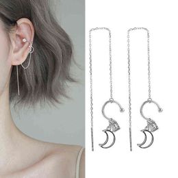 1 Pair Silver Colour Moon Drop Earrings For Women Ear Clip Long Tassel Zircon Ear Cuff Earring Ear Line Fashion Female Jewellery G220312