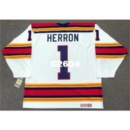 Chen37 Mens #1 DENIS HERRON Kansas City Scouts 1975 CCM Vintage RETRO Home Hockey Jersey or custom any name or number retro Jersey