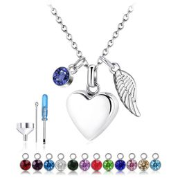 Heart with Angel Wings and Birthstone Pendant Necklace Cremation Urn Fashion Jewelry Keepsake Memorial for Human Pet Ashes