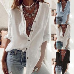 Women's Blouses & Shirts Women Oversized Autumn Cotton Linen Shirt Rollable Sleeve Top Solid Buttons Stand Collar Long Sleeves Casual Loose