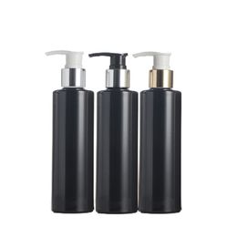 Empty Bottle Glossy Black Flat Shoulder Plastic Gold Silver Collar Press Lotion Pump Portable Cosmetic Packaging Refillable Shampoo Bottles 120ml 200ml 250ml