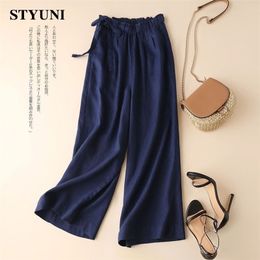 Cotton linen straight loose wide leg 8 Colours pants for women summer elastic waist pleated light ankle length women s 220726