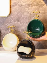 Soap Dishes Bathroom Ceramic Dish With Drain Hole Household Luxury Golden Marble Texture Storage Jar Elk Decorative JarSoap