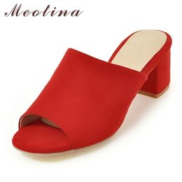Meotina Women Slippers Summer Sandals Thick High Heel Party Shoes Fashion Peep Toe Ladies Slides Red Sandals Plus Size 3343 Y200423