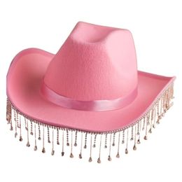 Berets Vintage Fedora Hat Unisex Felt Ladies Cowboy Hats With Rhinestone Tassel Western Style Top Bonnet Men's Cosplay HatBerets