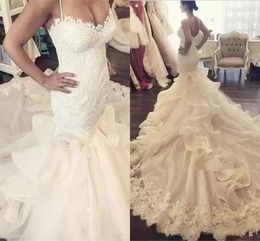 2022 Mermaid Wedding Dresses Chapel Train Cascading Ruffles Tiered Skirt Spaghetti Straps Custom Made Wedding Bridal Gown vestido de novia
