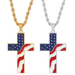 American Stars And Stripes Cross Pendant Necklaces Stainless Steel US Flag Necklace Fashion Jewelry Accessories With Chain