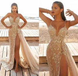 2022 Long Evening Dresses Wear Illusion Crystal Beading High Side Split Floor Length lace Party Dress Prom Gowns strap Robes De Soirée