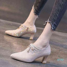 Lady Women Luxury Bow-knot Clear Rhinestone Elegant Medium Heels Single Shoes High Pump Pointed Toe Sandals