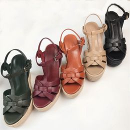 Moda de verano de mujeres Tacón de cuña alta plataforma Sandalia Sandalia Damas de cuero tira de cuero abierto Tobillo de tobillo zapatillas zapatillas