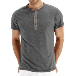 Summer Men Casual Shirts Round Collar Henley Shirt Short Sleeve T-Shirt Cotton Slim Tee