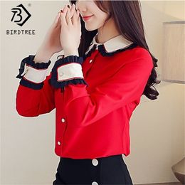 New Women's Red Patchwork Chiffon Blouse Buttons Turn Down Collar Long Sleeve Top Office Lady Fashion Hots Sales T200321