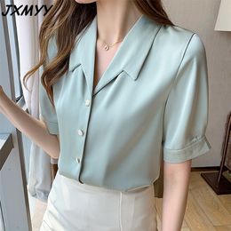 summer short-sleeved satin shirt female temperament draped texture solid Colour wild thin female JXMYY 210412