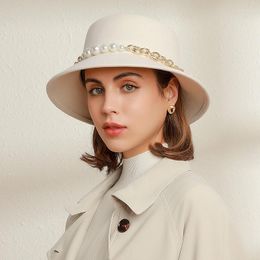 Berets Unwashable Chic Women Wide Brim Wool Felt Fedora Hats Fashion Party Female Dress Hat Pearl Ribbon Decor White Delm22