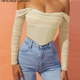 Asia Mesh Corset Blouse Fall See Through Off Shoulder Lining 2Layer Boned Bodycon Shirt Zipper Anti-Slip Crop Tops Women 220516