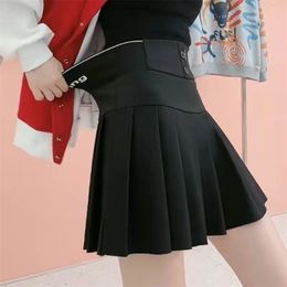Y2K Harajuku Button Letter Printed Pleated Skirt Elastic High Waist A-Line Mini Korean Fashion School Kawaii Women 220401