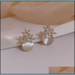 Stud Earrings Jewellery Zircon Flower Ear Studs Artificial Cat Eye Stone Alloy Fashion Women Gold Plated 3 08Ll L2 Drop Delivery 2021 Tavpk