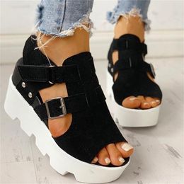 Summer Sandals Women Wedges Heel Black White Casual Designer Shoes Footwear Buckle Strap Open Toe Platform Sandel Women Shoes 210412