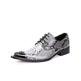 Fashion Metal Pointed Toe Snake Grain Men Party Oxford Shoes Plus Size Lace-up Men Business Formal Leather Shoes