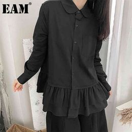 Women Black Pocket Ruffles Big Size Blouse Lapel Long Sleeve Loose Shirt Fashion Spring Autumn 1DD6132 210512