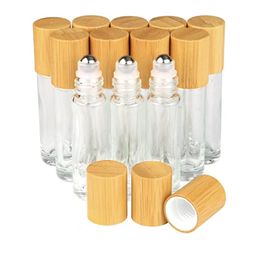 Glass Essential Oil Roll On Bottles with Stainless Steel Roller Balls and Bamboo Lid Refillable Clear Perfume Sample Bottle
