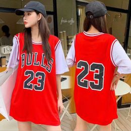 Women Mini Dress Oversize Basketball T Shirt O Neck Dresses Summer Cotton Match Basic Harajuku Print Lady 220714