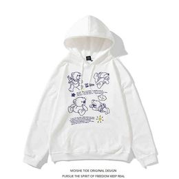 Moishe Tide Bear Graffiti Print Hoodie for Men and Women Loose Bf Lazy Style Student Couple Jacket