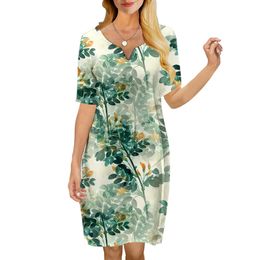 Women Dress Green Leaves Pattern 3D Printed VNeck Loose Casual Short Sleeve Shift Dress for Female Dresses Sexy Dress 220616