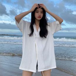 Women's Blouses & Shirts Women White Pure Plain Loose Oversized Female Tops BF Korean Style Blusas Pockets Lazy Short SleeWomen's