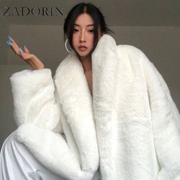 ZADORIN Winter Oversize Thick Warm White Furry Faux Fur Jacket Women Korean Fashion Luxury Long Sleeve Faux Rabbit Fur Coat T220716