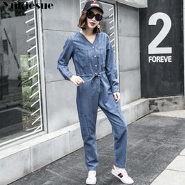 Sexy Denim Jumpsuit Women Romper Long Sleeve Belt elegant Winter Autumn Jeans Female Streetwear Overalls 210608