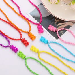 Bohemia Korean Colorful Bear Pendant Choker Resin Multicolor Rice Beaded Necklace for Women Girls Gifts