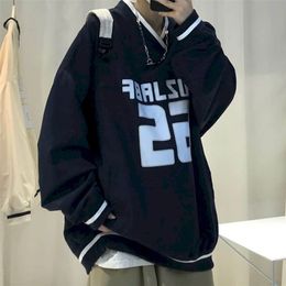 Felpa Hip Hop da uomo primavera coreana allentata con scollo a V stampa giacca a vento college a maniche lunghe camicia stile Hong Kong top 220816