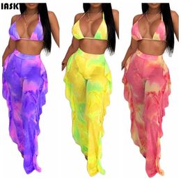 IASKY 2PCSSET New mesh Gradient color Beach cover ups sexy women see through Tops Ruffles pants swimwear cover up beachwear T200608