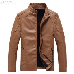 Joobox 2022 Winter Men Leather Biker Jacket Band Collar Welt Pockets Zipper Jacket With Faux Shearling Lining L220801