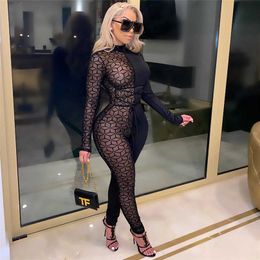 Mesh Turtleneck Long Sleeve Zipper Rompers High Waist Mesh Perspective Sexy Nightclub Jumpsuit Pantyhose for Women Streetwear 210709