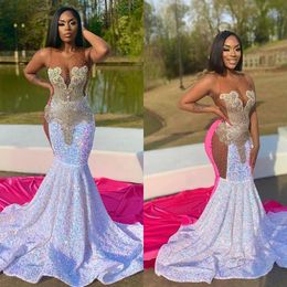 Luxurious Beaded Arabic Style Mermaid Prom Party Dresses Sheer Neck Plus Size Sweep Train Evening Special Ocn Gowns For African Women