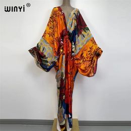 Sexy bech high-quality hand-rolled feel silk rayon fashion print WINYI Maxi women's robes long beach V-neck Bohemian dress 220402