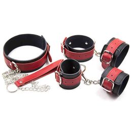 Nxy Sm Bondage 3pcs set Leather Handcuffs Ankle Cuffs Neck Collar Bdsm Kit Adult Games Slave Restraints Fetish Sex Toys for Couples 220423