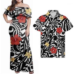 Casual Dresses Hycool Fashion Plus Size Polynesian Tribal Design Puletasi Ruffle Off Dress & Men Hawaiian Shirt Black Summer 2022