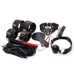 Nxy Sm Bondage Sex Bdsm Set Handcuffs Ankle Cuffs Mouth Ball Gag Fun Kit Erotic Pu Leather Sm Bandages 6pcs for Women Couple Toys 220423