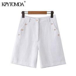 KPYTOMOA Women Fashion Side Pockets With Buttons Tweed Shorts Vintage High Waist Zipper Female Short Pants Mujer 220419