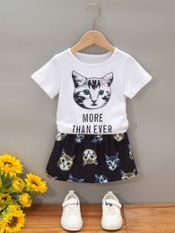 Toddler Girls Slogan And Cat Print Tee & Skirt SHE