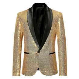 Mens Shiny Gold Sequin Glitter Blazer Jacket Fashion Shawl Collar One Button Suit Blazer Men Stage Singer Costume Homme 220514