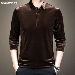 Gold Velvet Polo Shirt Men Korean Fashion Business Long Sleeve Shirts Solid Casual Slim Fit Man Polo Shirt Button Collar Tops 220408