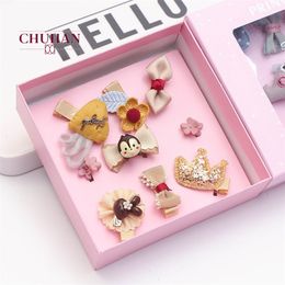 CHUHAN Korean Children Cute Cartoon Cloth Hairpin Rabbit Ear Set Gift Box 9 Sets Hair Accessories Headwear Wholesale C416 LJ201226