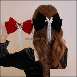 Hair Accessories Korean Fashion Female Hairpheaddress Temperament Exquisite Rhinestones Tassel Large Bow Spring Clip Drop Delivery 20 Dhugs