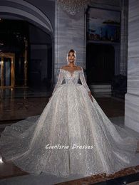 Sequined Sparkly Crystal Beading Dubai Wedding Dress Ball Illusion Long Sleeve Off The Shoulder Saudi Arabic Bridal Gown